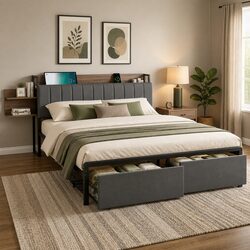 Metal King Size Bed Frame with Storage Drawers