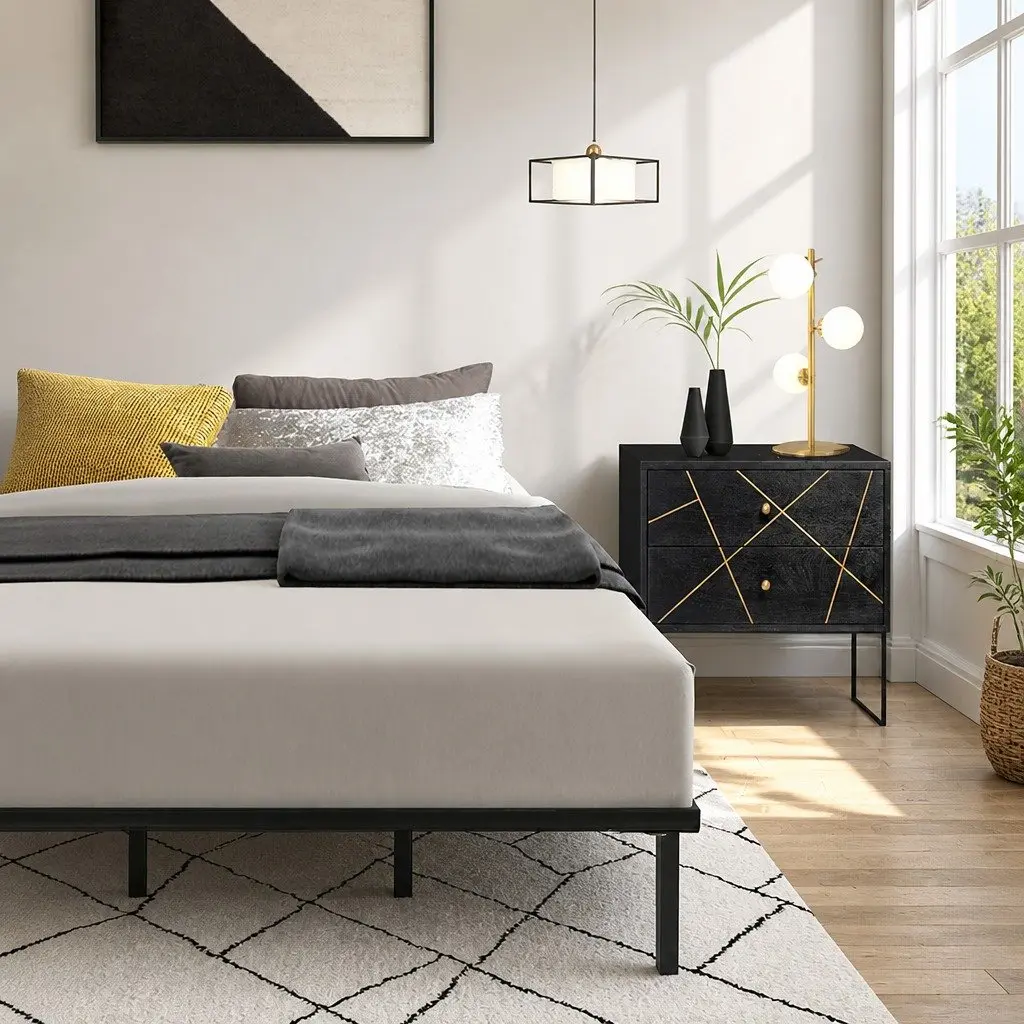 Queen Size Black Metal Bed Frame with Under-Bed Storage