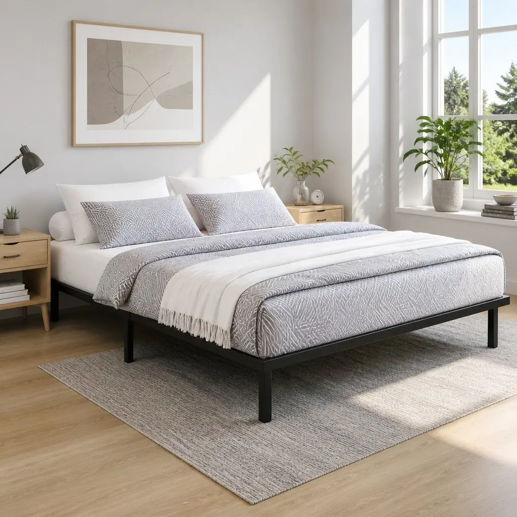 Queen Size Black Metal Bed Frame with Under-Bed Storage