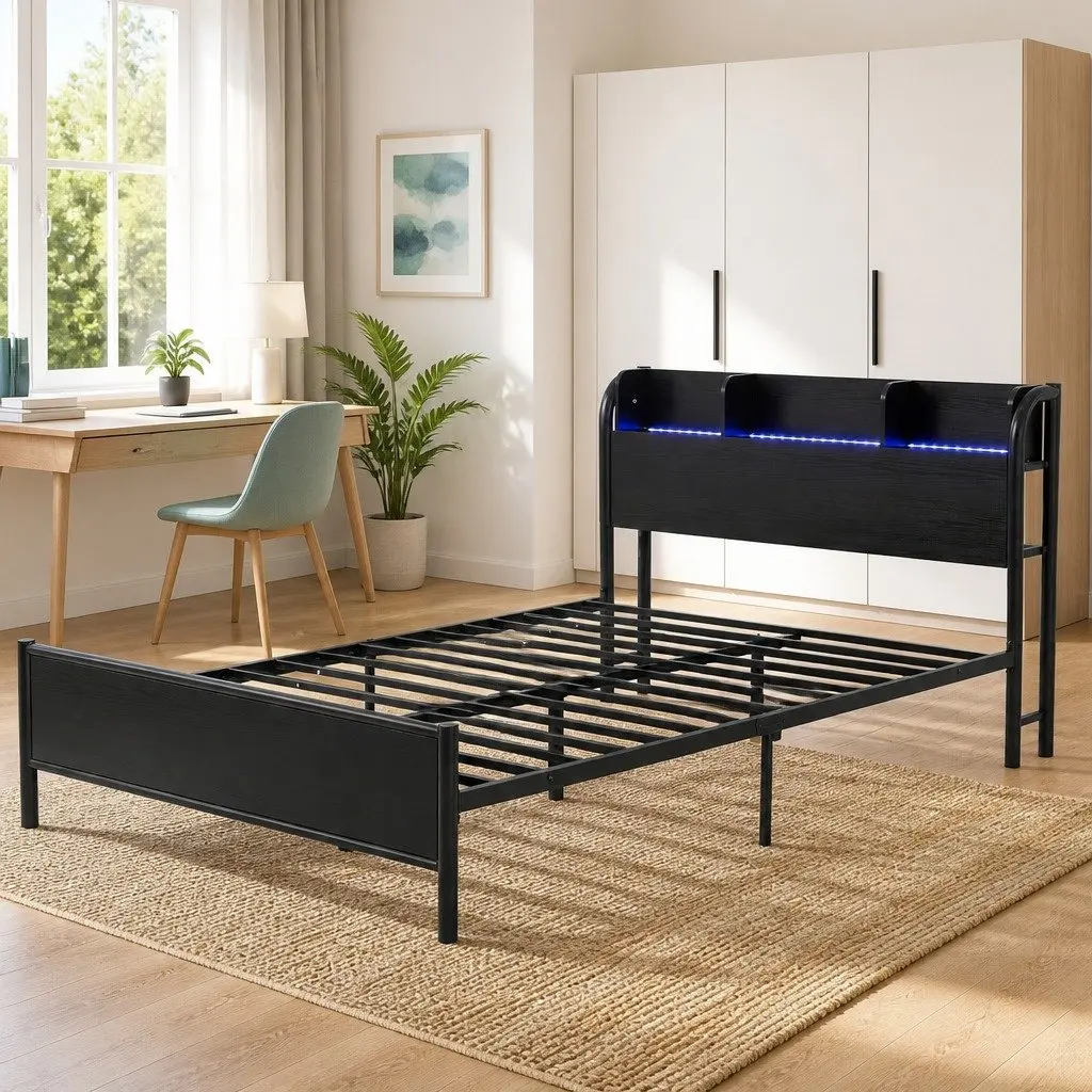 Metal Bed Frame with Storage Headboard and LED Lights