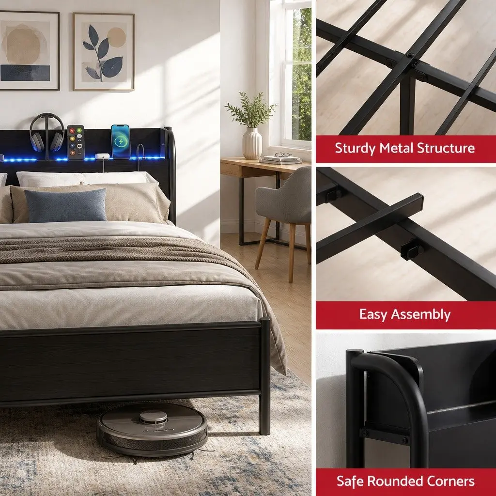 Metal Bed Frame with Storage Headboard and LED Lights