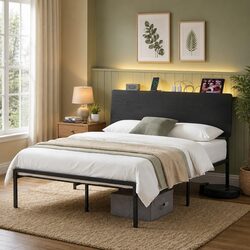 Queen Size Metal Bed Frame with LED Lighting and Storage