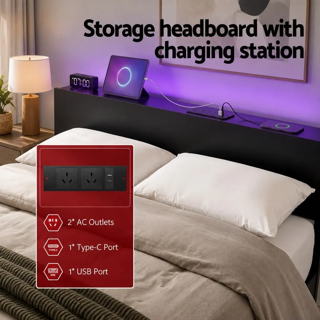Queen Size Metal Bed Frame with LED Lighting and Storage