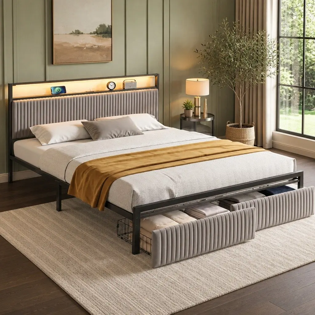 King Size Metal Bed Frame Velvet Fabric Black with LED Charging Station and 2 Storage Drawers