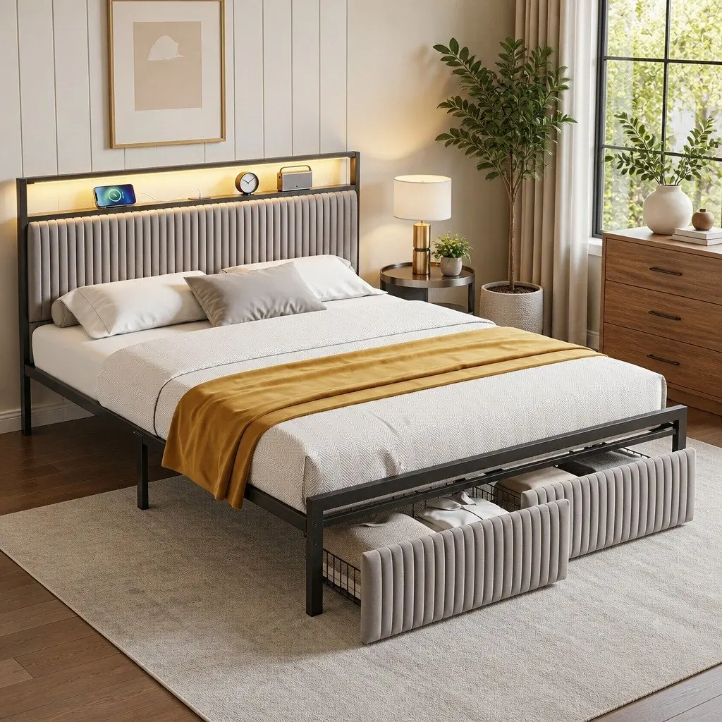 Queen Size Metal Bed Frame with LED Charging Station