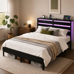 Stylish Black Metal Double Bed Frame with LED Lights
