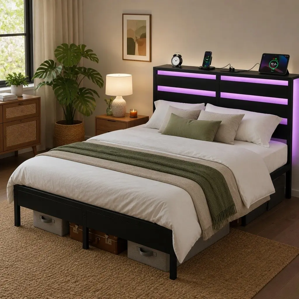 Queen Size Metal Bed Frame with LED Lighting and Charging