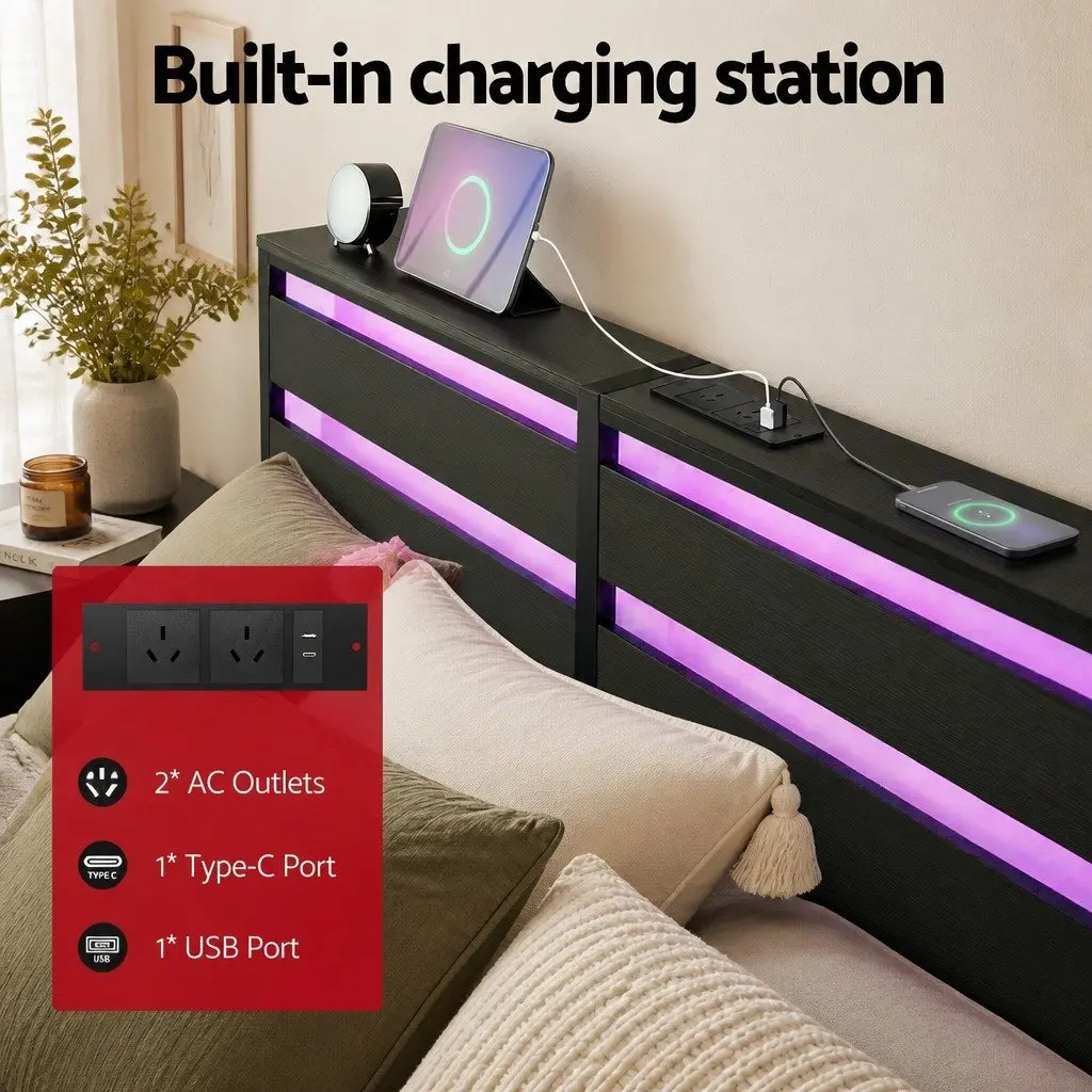 Queen Size Metal Bed Frame with LED Lighting and Charging