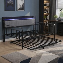 Sturdy Double Bed Frame with Trundle and LED Lights