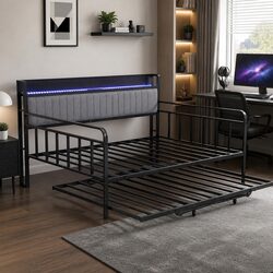 Sturdy King Single Bed Frame with Trundle and LED Features