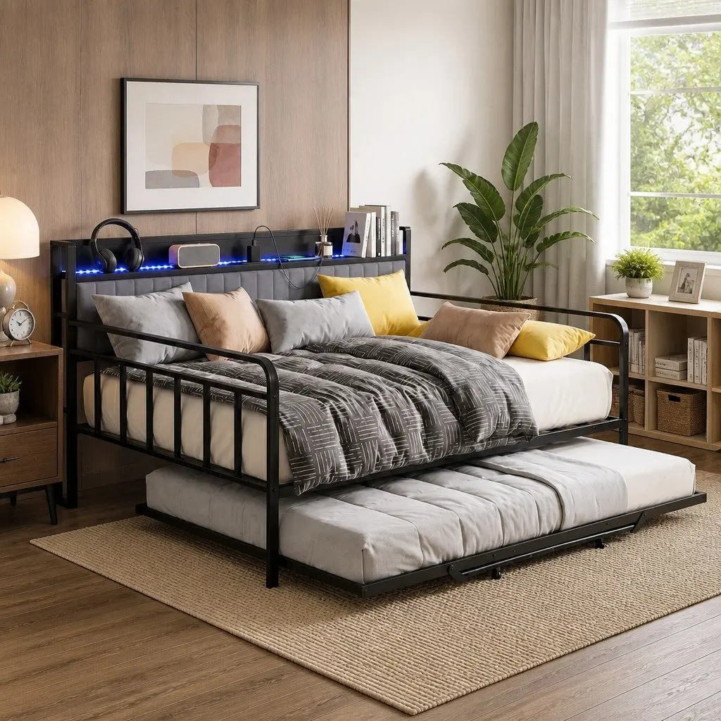 King Single Bed Frame Metal Trundle Daybed LED Lights Charging Station Storage