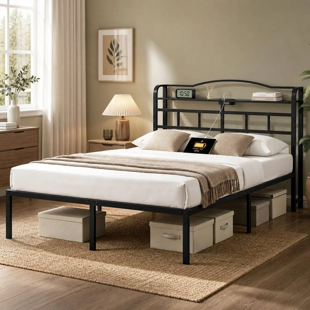 Double Bed Frame with Charging Station & Storage