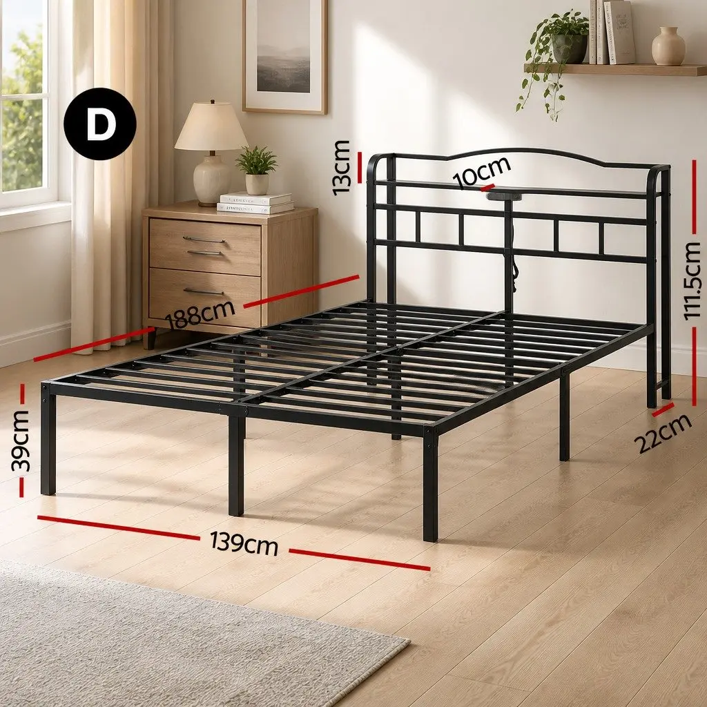 Double Bed Frame Metal MDF Double Black with Integrated Charging Station Rounded Corners Storage