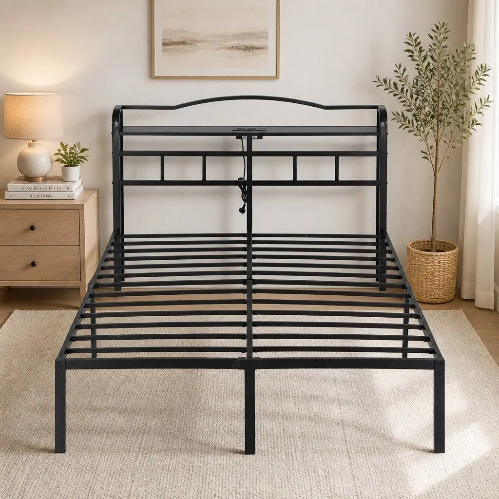 Double Bed Frame Metal MDF Double Black with Integrated Charging Station Rounded Corners Storage