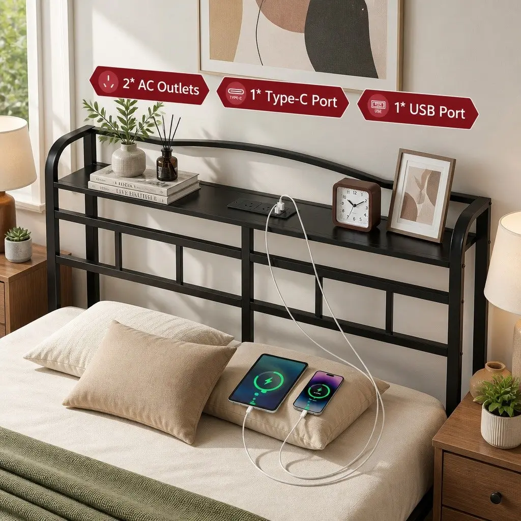Double Bed Frame Metal MDF Double Black with Integrated Charging Station Rounded Corners Storage