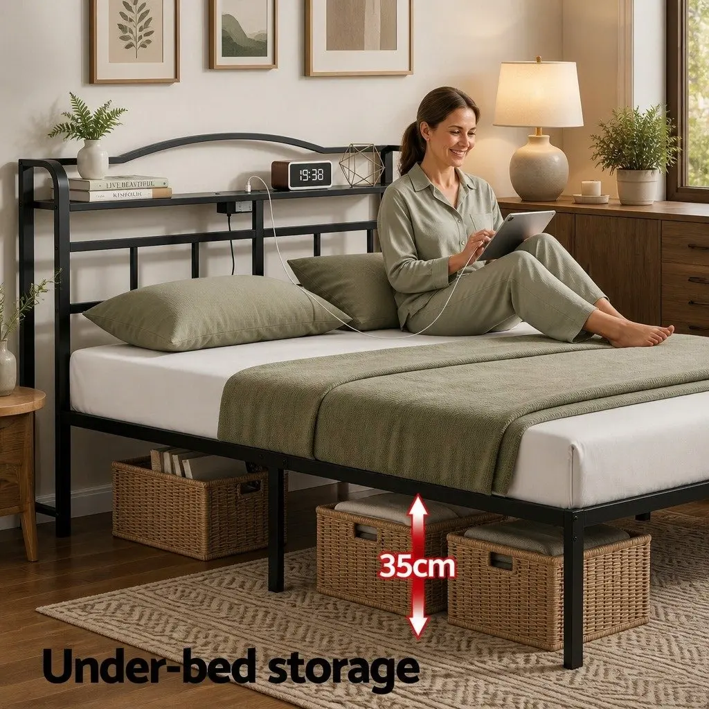 Double Bed Frame Metal MDF Double Black with Integrated Charging Station Rounded Corners Storage