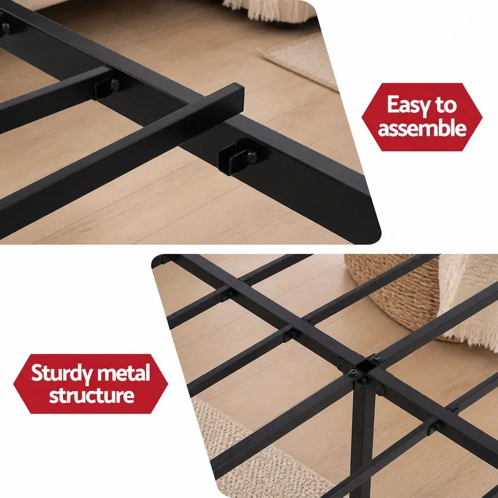 Double Bed Frame Metal MDF Double Black with Integrated Charging Station Rounded Corners Storage