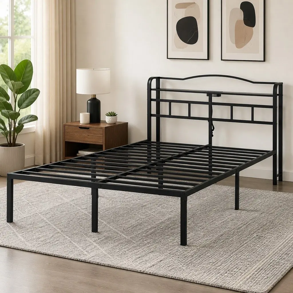 Double Bed Frame Metal MDF Double Black with Integrated Charging Station Rounded Corners Storage