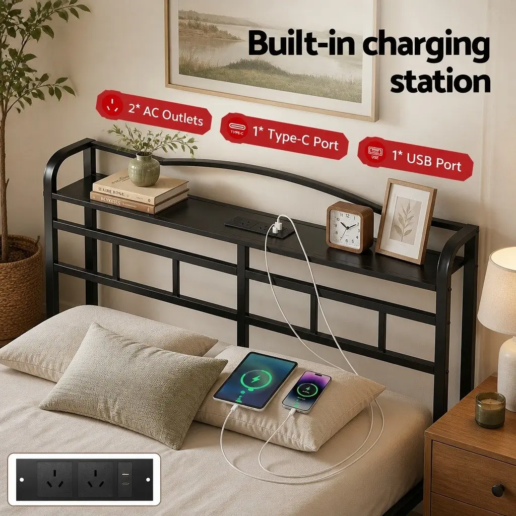 Queen Bed Frame with Charging Station & Storage