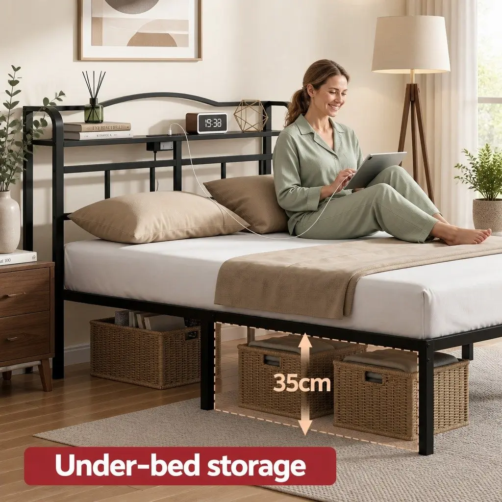 Queen Bed Frame with Charging Station & Storage