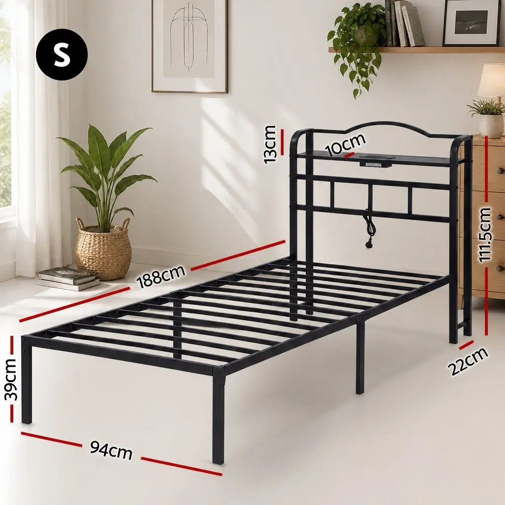 Single Bed Frame with Charging Station and Storage