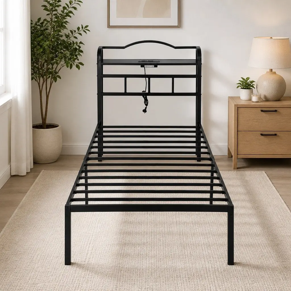 Single Bed Frame with Charging Station and Storage