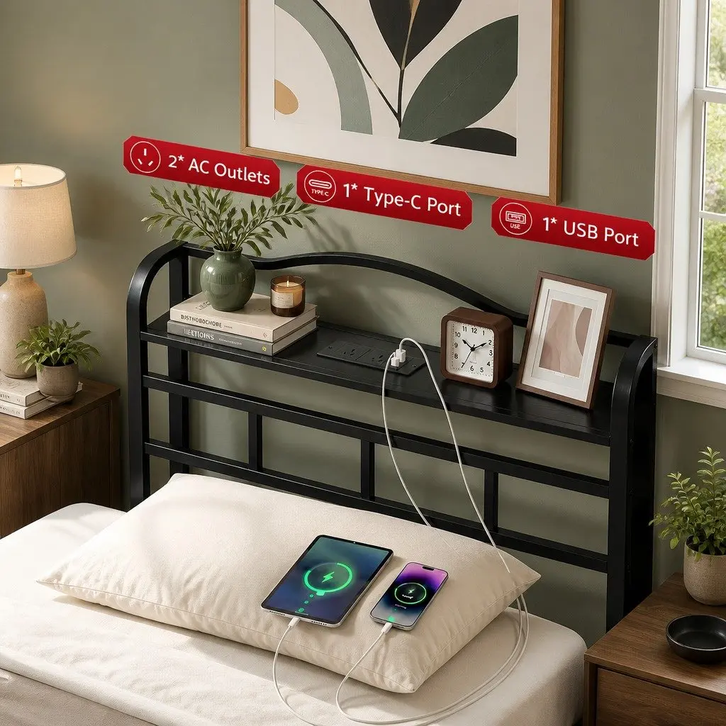 Single Bed Frame with Charging Station and Storage