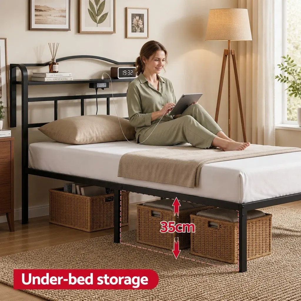 Single Bed Frame with Charging Station and Storage