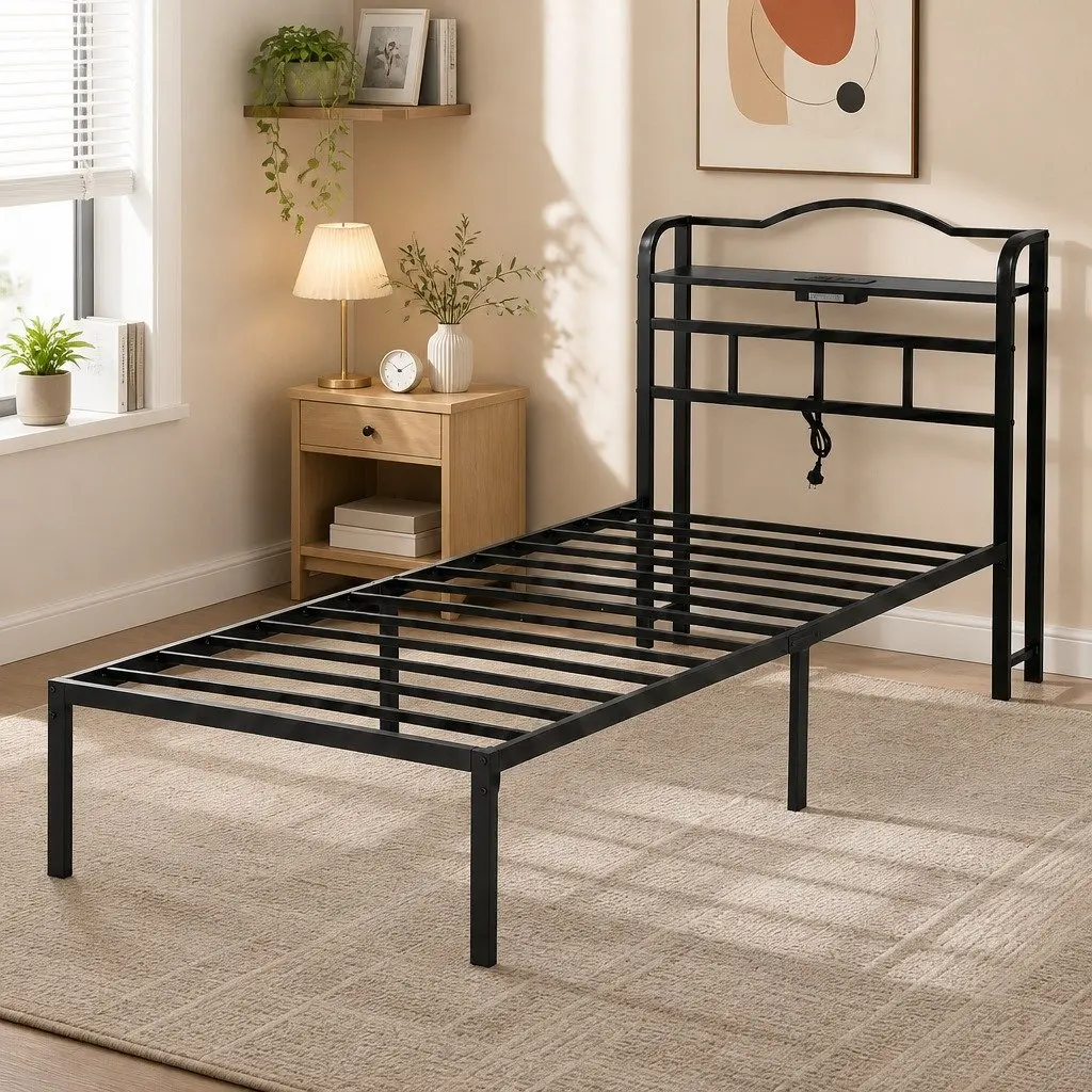 Single Bed Frame with Charging Station and Storage