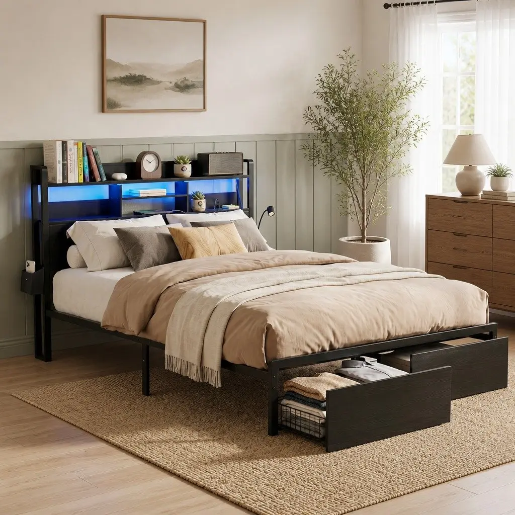 Double Metal Bed Frame with LED Lights