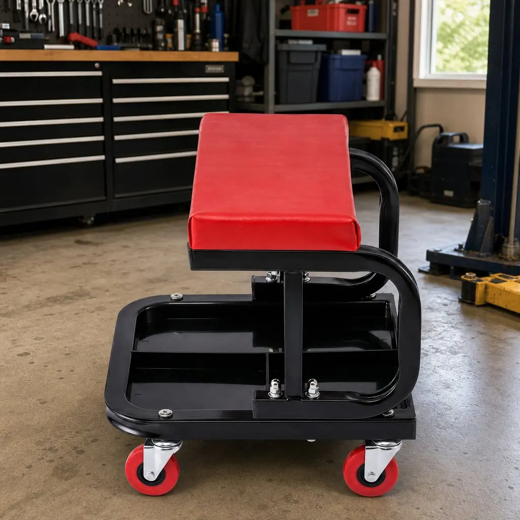 Rolling Mechanic Creeper Seat Iron MDF LDPE PU Leather 36x36cm Red Black
