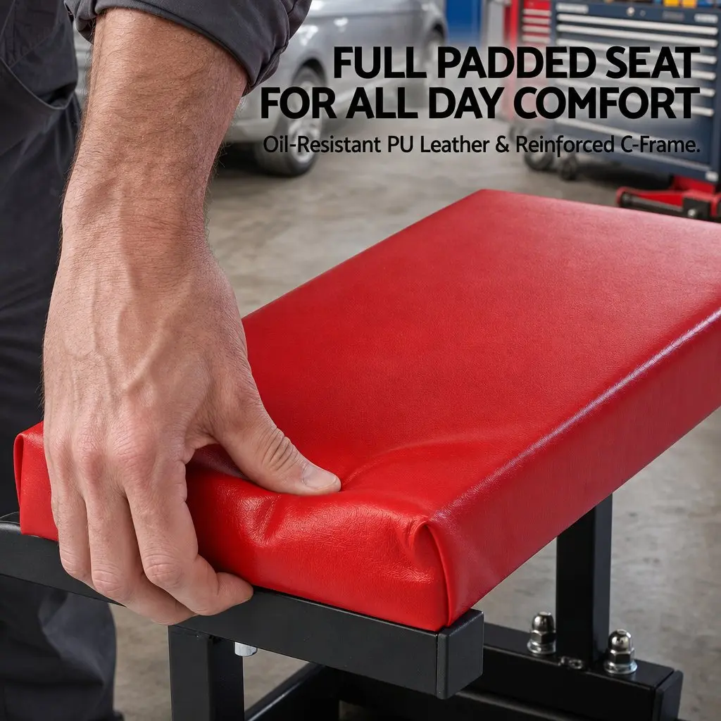 Rolling Mechanic Creeper Seat Iron MDF LDPE PU Leather 36x36cm Red Black