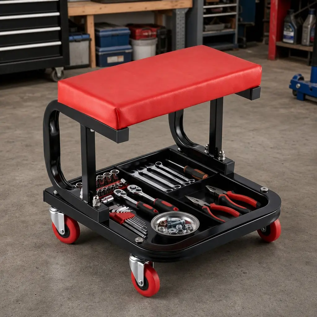 Rolling Mechanic Creeper Seat Iron MDF LDPE PU Leather 36x36cm Red Black