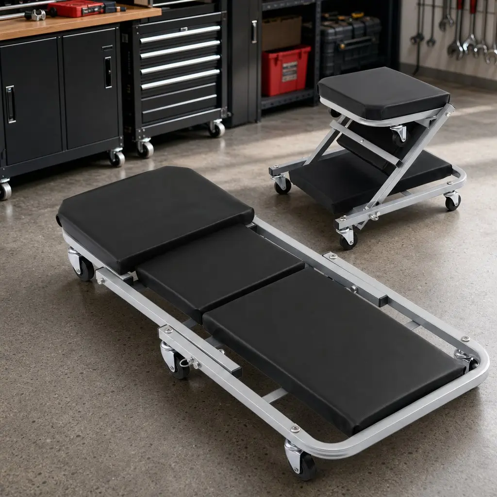Garage Creeper Mechanic Stool Steel High-Density PU Cushion Black or Grey