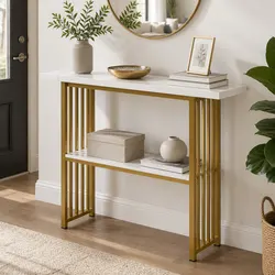 Console Table Marble Effect White Gold 2-Tier Storage Hallway Entryway Living
