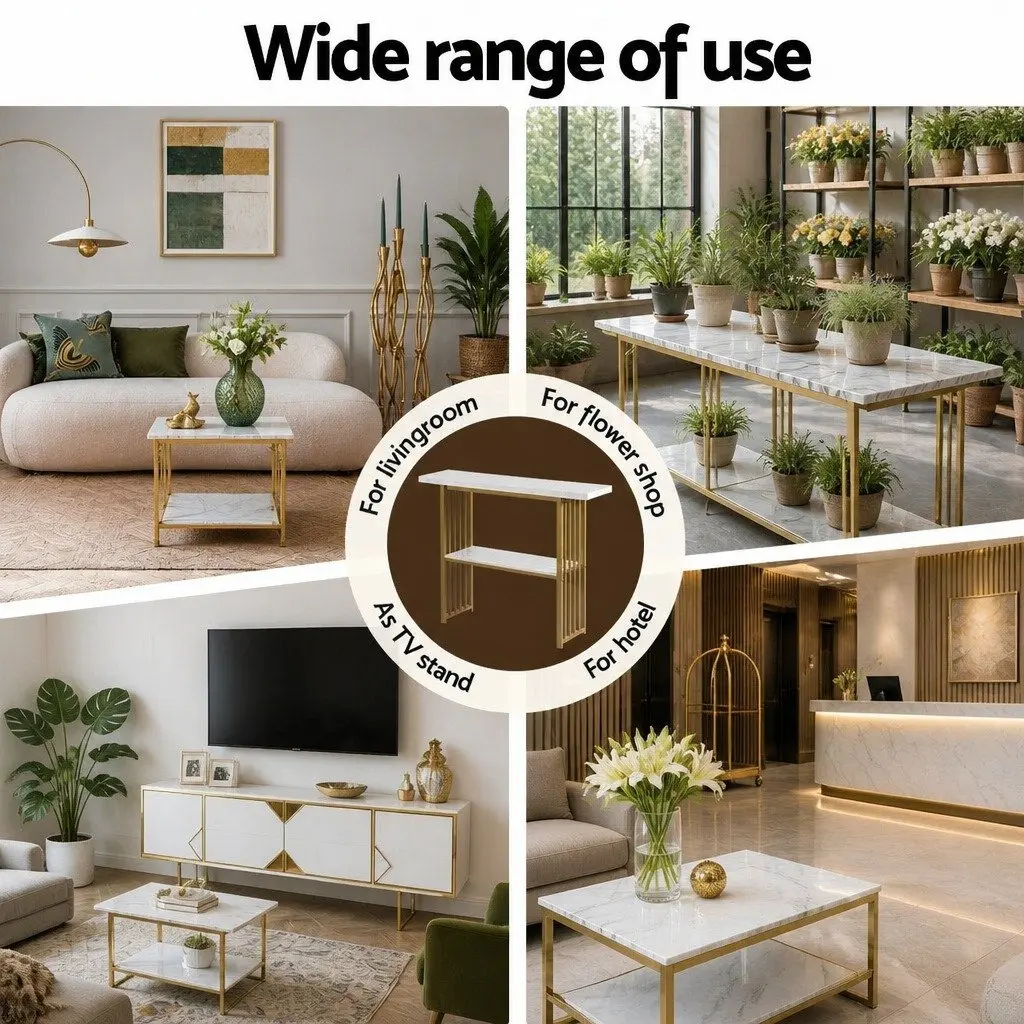 Console Table Particle Board Metal 120cm White Gold 2-Tier Storage