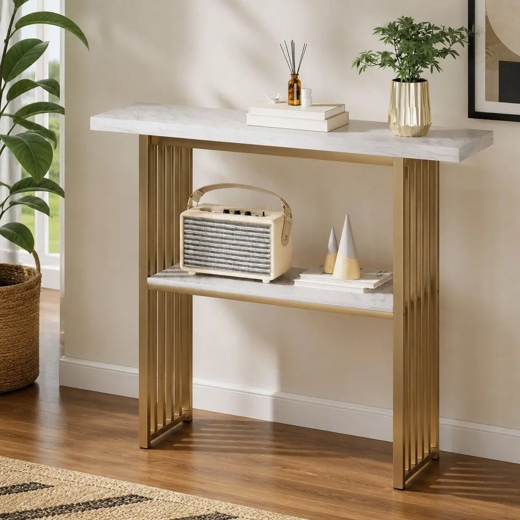 Console Table Particle Board Metal 120cm White Gold 2-Tier Storage
