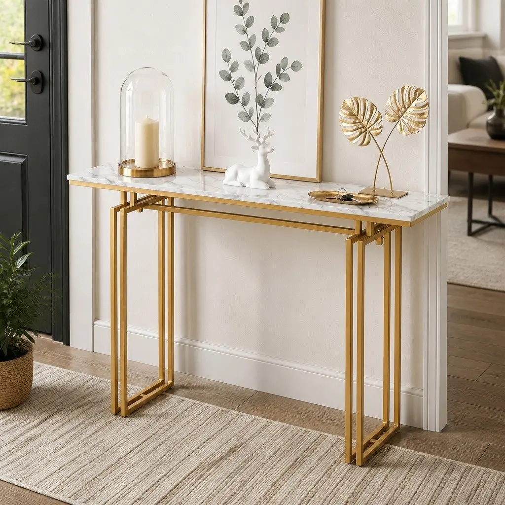 Console Table with Marble Effect and Gold Frame