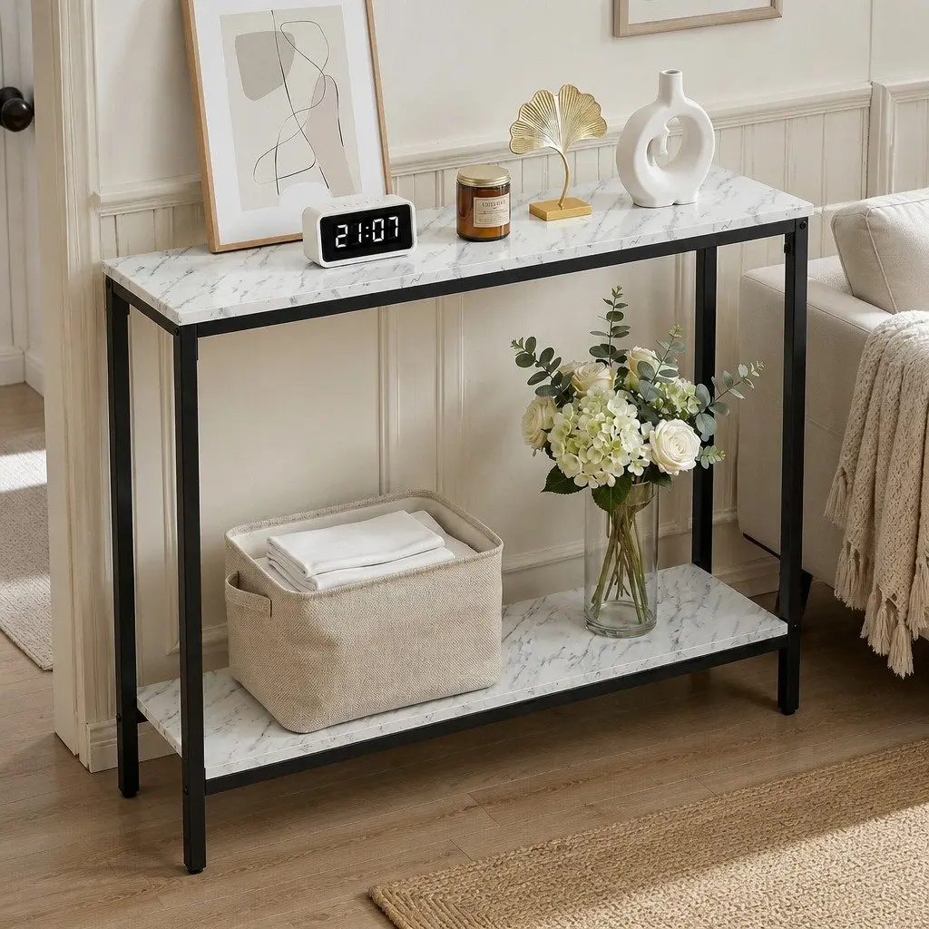 Console Table 2-Tier Entryway Hallway Display Desk Marble Effect Storage Black