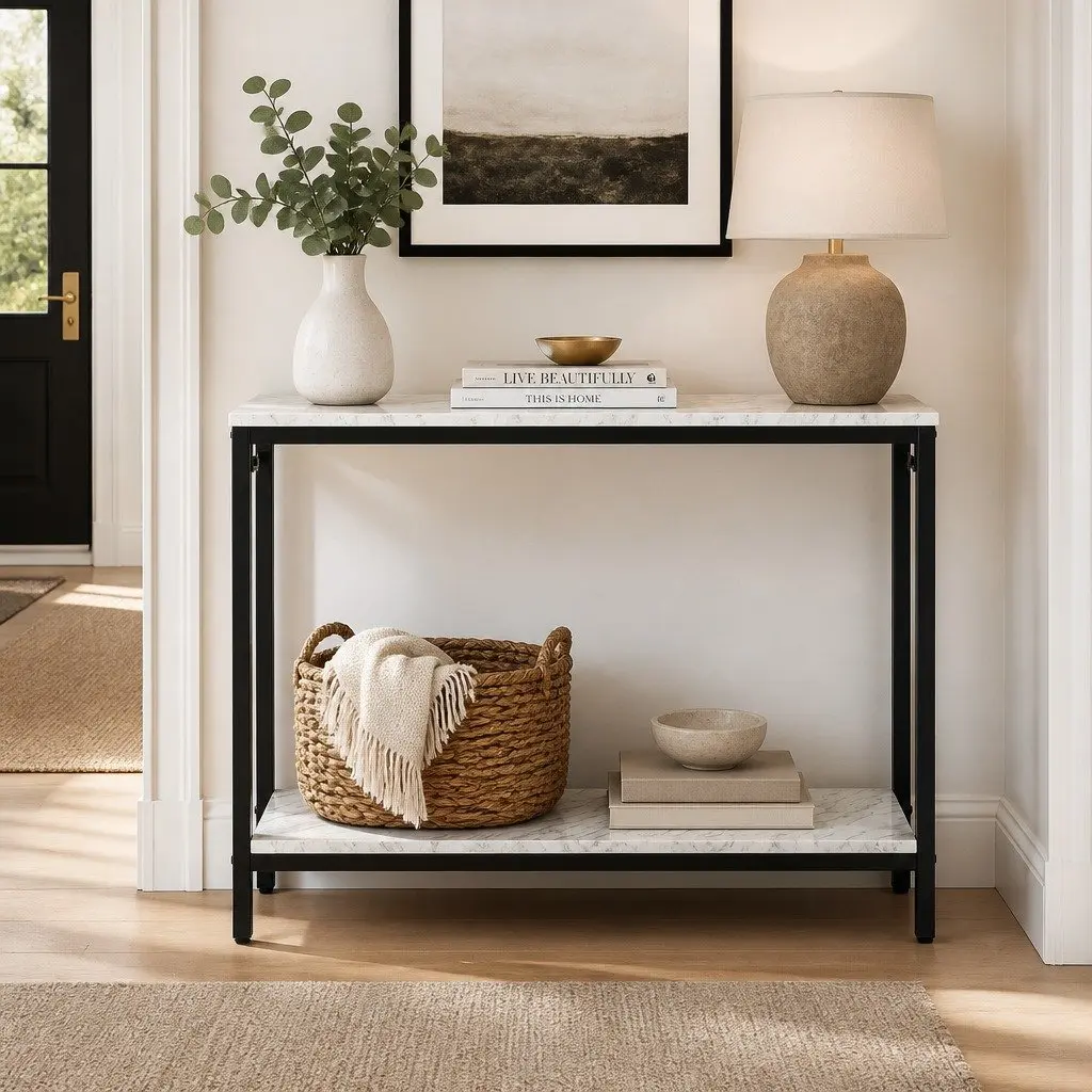 Console Table Metal Frame 2-Tier 90cm Black Marble Effect