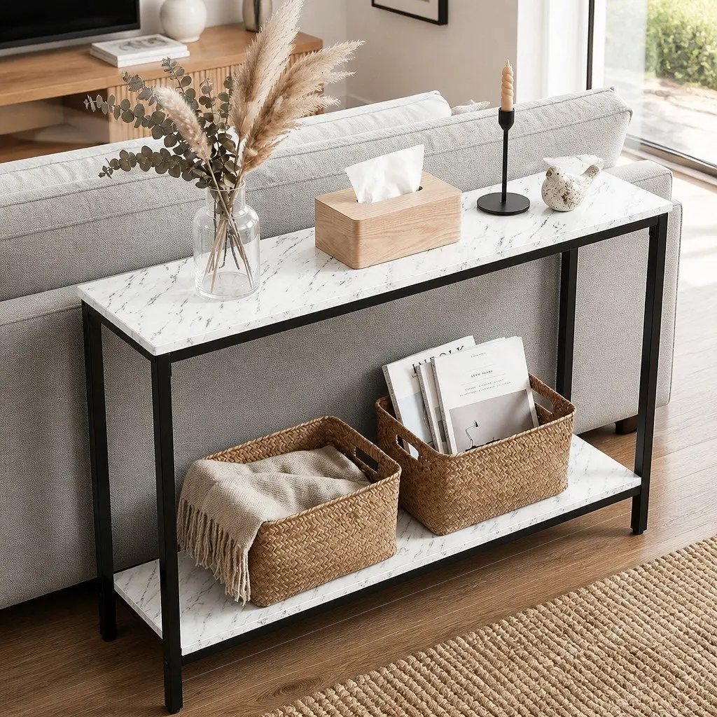 Console Table Metal Frame 2-Tier 90cm Black Marble Effect
