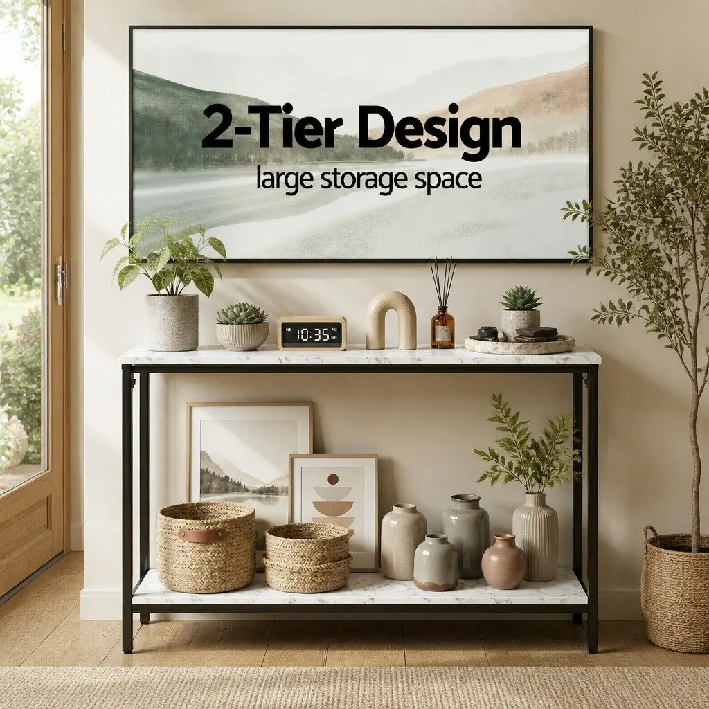 Console Table Metal Frame 2-Tier 90cm Black Marble Effect