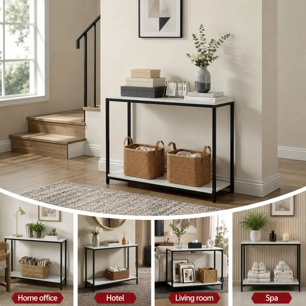 Console Table Metal Frame 2-Tier 90cm Black Marble Effect