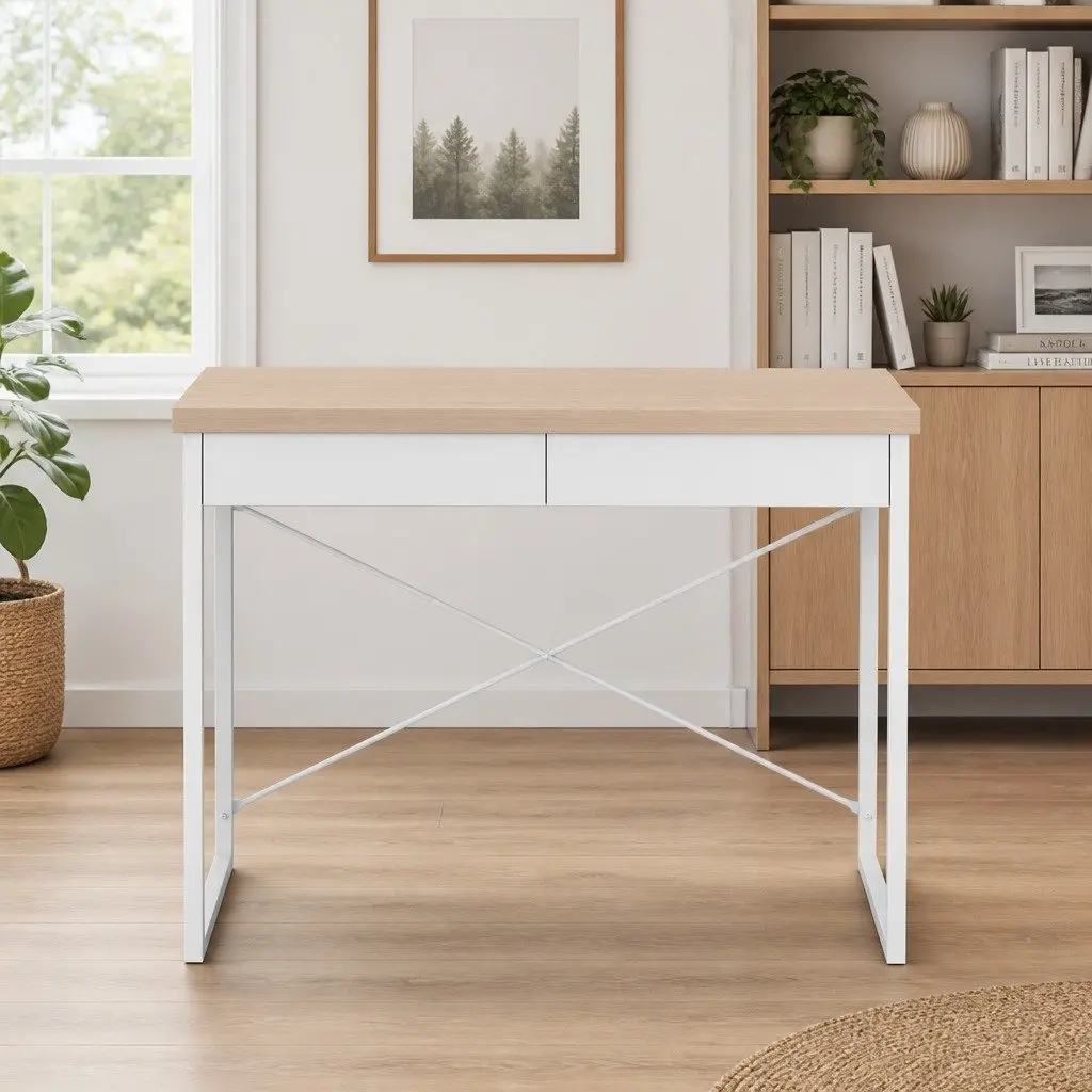 Oak Computer Desk with 2 Drawers for Storage