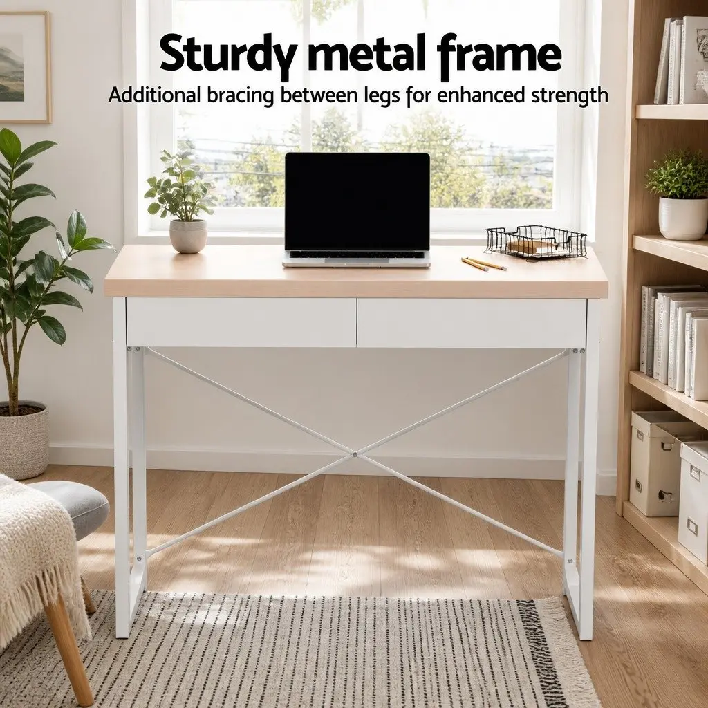 Oak Computer Desk with 2 Drawers for Storage