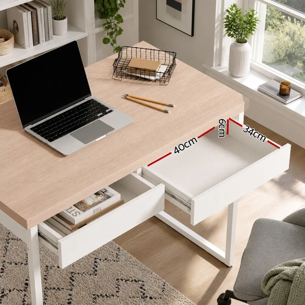 Oak Computer Desk with 2 Drawers for Storage