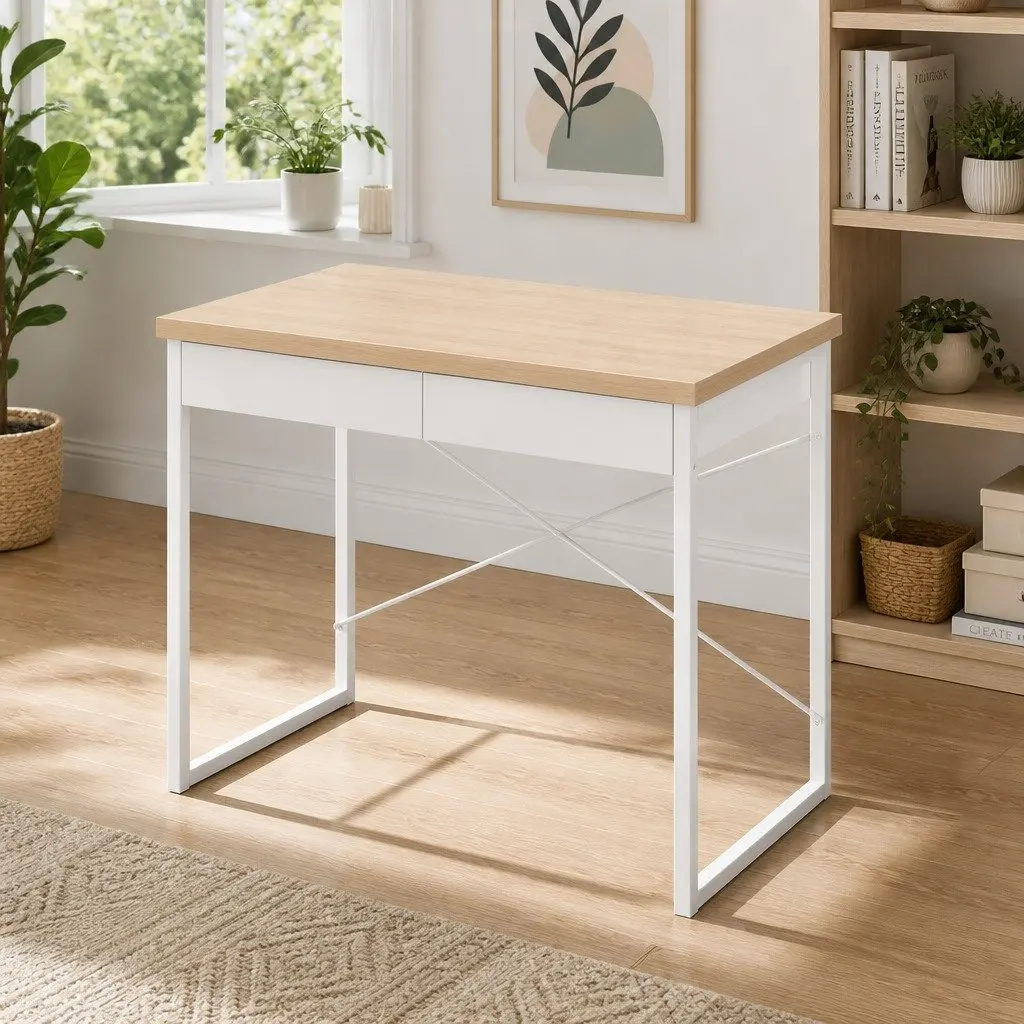 Oak Computer Desk with 2 Drawers for Storage