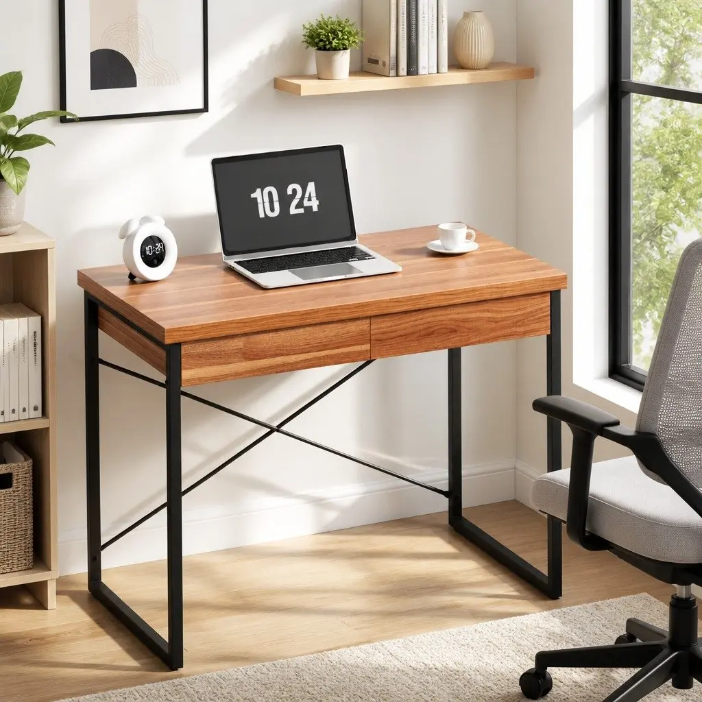 Walnut and Black Computer Desk with Drawers