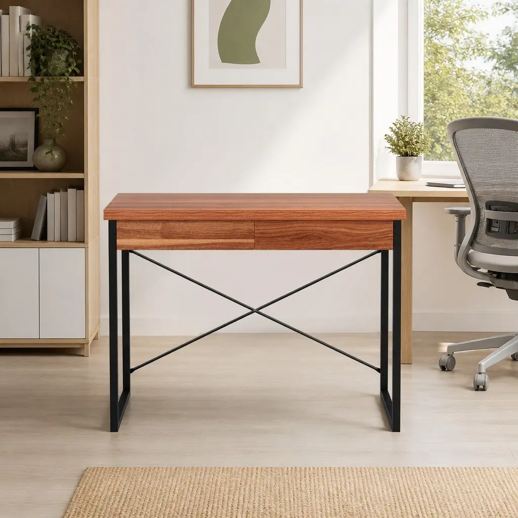 Walnut and Black Computer Desk with Drawers