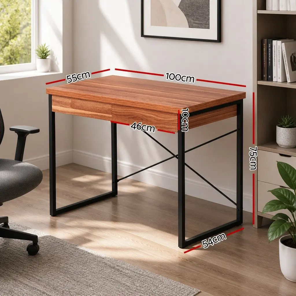 Walnut and Black Computer Desk with Drawers